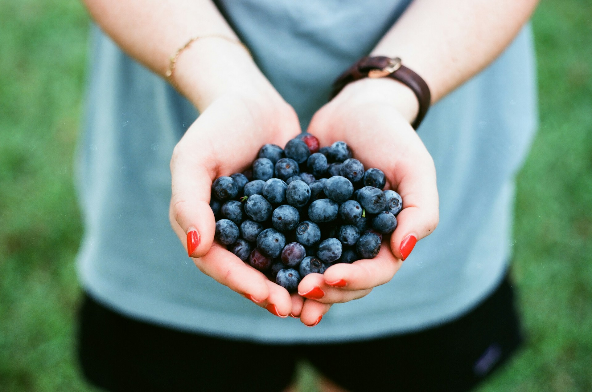 a person holding a handful of blueberries